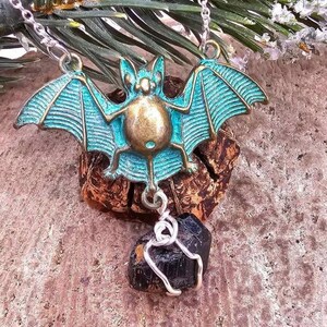 Flying Bat Nature Black Tourmaline Raw Stone Pendant Necklace image 1