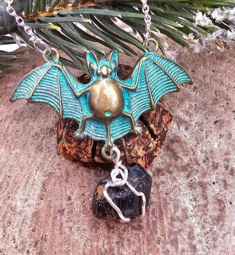 Flying Bat Nature Black Tourmaline Raw Stone Pendant Necklace image 1