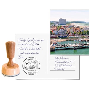 INDIRIZZO TIMBRO Rostock • Ø 5 cm • TIMBRO IN LEGNO • Motivo città Rostock Warnemünde • Francobollo di famiglia