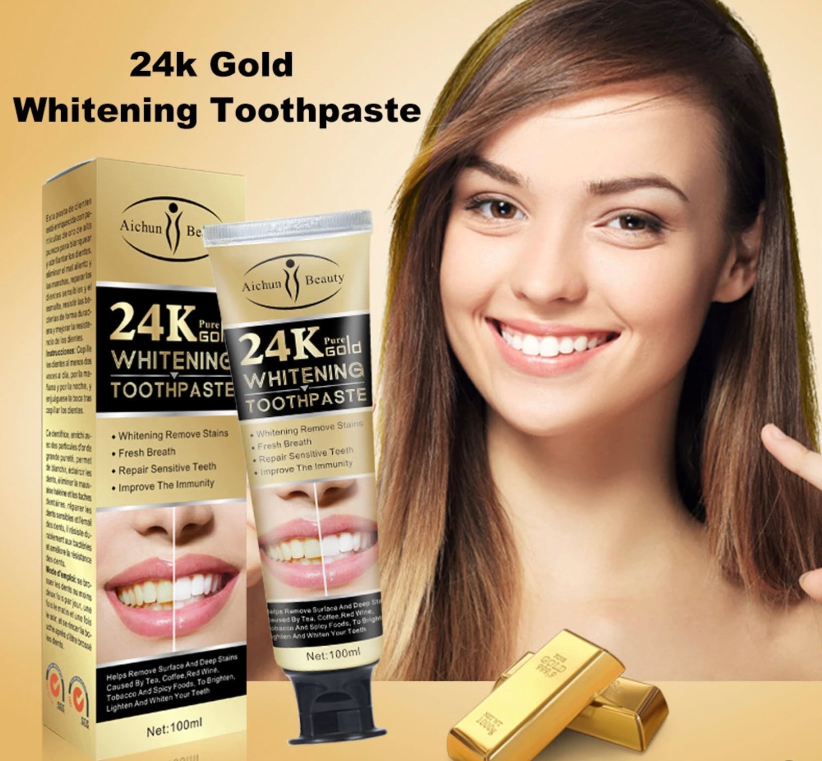 24k Gold Whitening Toothpaste Rich Foam Oral Anticavity Day and Night
