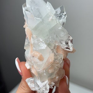 AAA Icey Diamond Apophyllite on Blue Chalcedony with Peach Stilbite #5