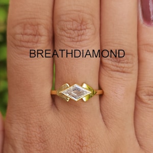 East west lozenge Cut Moissanite Engagement Ring- bridal lozenge Diamond wedding Ring- 14k Yellow Gold unique Anniversary Ring for love