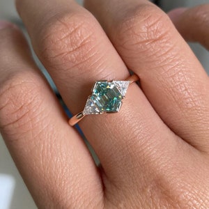 Blue Hexagon Engagement Ring-2.5Ct Cyan blue moissanite 18k Rose gold three stone Wedding Ring-Bridal Anniversary Ring-Gifts for her Ring