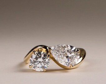 Bague en moissanite taille poire et ronde, bagues de fiançailles toi et moi, cadeau pour femme, bague en or massif 14 carats pour elle, bague unique à porter au quotidien, bague cadeau