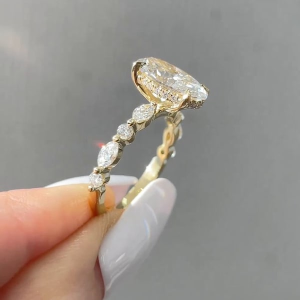 Whitey ovaal geslepen Moissanite verlovingsring met verborgen halo en marquise effenen diamanten ring, gouden halve eeuwigheid 3kt ovale Moissanite ring