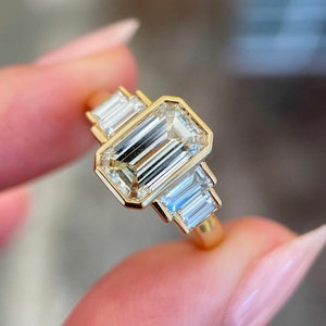 Vintage Five-Stone Emerald Cut Diamond Ring-5.25TW Emerald Bezel Set Engagement Ring-Moissanite Wedding Ring For Women- statement Ring