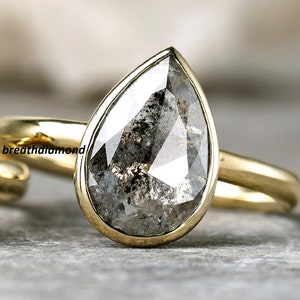Raw Salt and Pepper Diamond, 1.5 CT Pear Diamond Ring, Unique Engagement Bridal , Black, Gray Pear 14k Yellow, Rose White Gold Ring for her