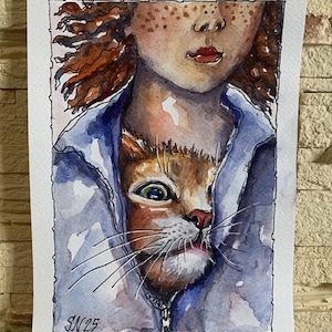 Cat and Mistress Original Watercolor Ukrainian Art Cat Wall Art Ukrainian Artist Pray for Ukraine Gift Her 6 x 8&quot;
