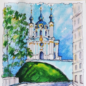 Ukraine Kyjiw-Andrei-Kirche Original Aquarell Stadt Kunst Ukraine Geschäfte Kyiv Straßen Originalgemälde Ukrainische Verkäufer Ukraine Kunst