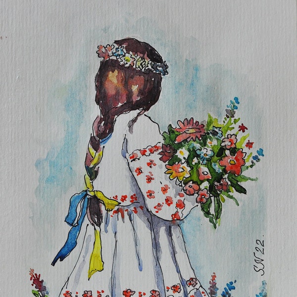 Ukrainian Girl with Flowers Instant Download Digital Sketch Girl Ukrainian Seller, Digital Print Girl Watercolor Ukraine Shops Ukraine Art