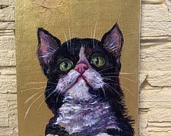 Cat Original Oil Painting, Whimsical Pet Portrait 5 x 7 in