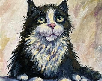 Black and White Cat Oil Painting - Original Handmade Wall Art