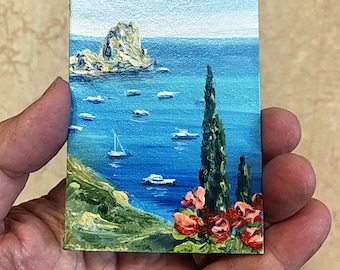 ACEO Original Oil Painting, Miniature Seascape with Yachts (2.5x3.5 inch)