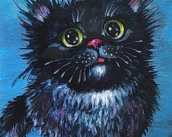 Impasto Black Cat Oil Painting – Pet Portrait, Ukrainian Art (6x6 inches)