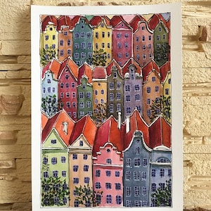 Bright Houses Original Watercolor Wall Art Ukrainian Artist Handmade Ukraine Art 6 by 8 inches City Watercolor Abstract Houses Art
