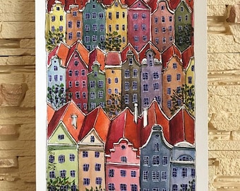 Gdansk Houses Watercolor Painting, Colorful Cityscape Art (6x8 inches)