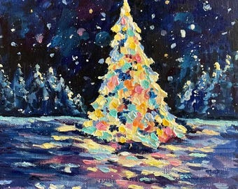 Christmas Tree Oil Painting: Winter Snowy Forest Landscape Art (8x8)