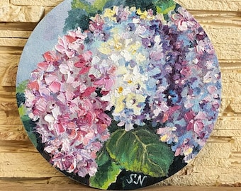 Fiori di ortensia pittura arte originale ortensia arte della parete pittura a olio arte ucraina immagine rotonda 8 x 8 pollici