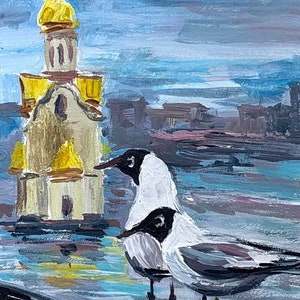 Mewy z Kijowa Malowanie ORYGINALNE Sztuka Ukrainy Malowane ręcznie Ptak Dekoracja Rysunek Sprzedawca Ukraina Sztuka ścienna 4x6"