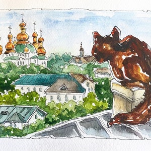 Kyiv Cityscape Watercolor Painting, Ukraine Art with Cat