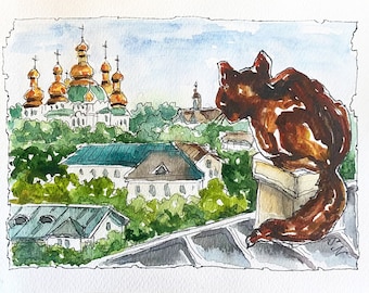 Kyiv Cityscape Watercolor Painting, Ukraine Art with Cat