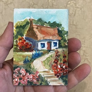 ACEO Original Kunst ACEO Original Gemälde Original Ölgemälde Miniatur Haus mit Blumen Miniatur Kunst Kleines Kunstwerk 2,5 "x 3,5"