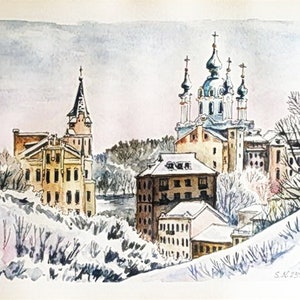 Ukraine Kyiv Cathedrals Original Watercolor Ukrainian Artist Handwork Kyiv Panorama Ukraine Art 12 by 8 inches