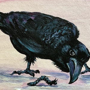 Obraz Raven Bird and Caterpillar ORYGINALNY Crow Art Ręcznie malowany olejny obraz Sztuka Ukrainy Rysunek ptaków Ukraina Sprzedawca Sztuka ścienna Zwierzęta 6x4"