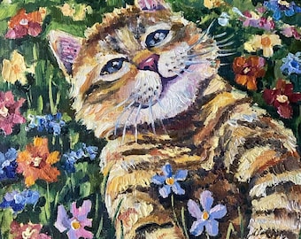 Cat in Flowers Original Oil Painting Ukrainian Art Pet Portrait Handmade 7 x 9.5"