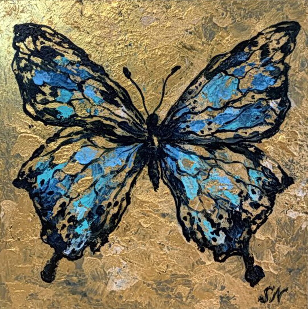 Butterfly Oil Painting: Abstract Insect Art on Gold, 8x8 - Etsy