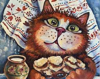 Ukrainian Cat with Buns Original Oil Painting Animal Wall Art Handmade 8 x 8"