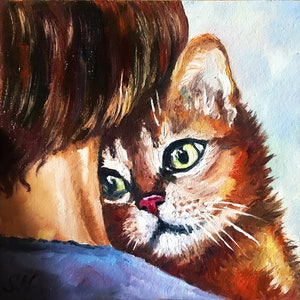 Cat with Owner Original Oil Painting Ukraine Art Cat Art Ukraine Shops Ukraine Seller Ukrainian Artist Pray for Ukraine Handmade 6 x 6