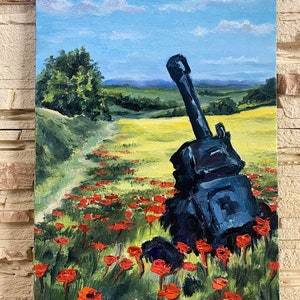 Ukrainian Landscape with a Tank Original Ukrainian Painting  Ukraine Art  Wall Art Handmade Ukrainian artist
