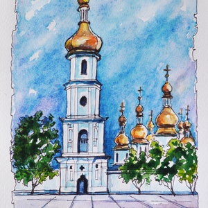 Ukraine Kyiv Sophia Kathedrale Original Aquarell Stadtkunst, Ukraine Geschäfte Kyiv Straßen Originalgemälde Ukrainische Verkäufer Ukraine Kunst