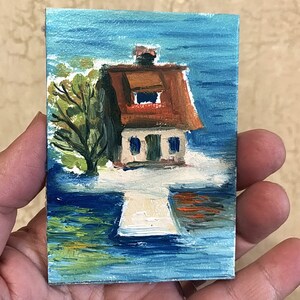 ACEO Original Kunst ACEO Original Gemälde Original Ölgemälde Miniatur Landschaft Haus am Meer Miniatur Kunst, kleines Kunstwerk 2,5 "x 3,5"