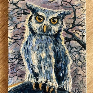Eule Original Ölgemälde Ukraine Künstler Vögel Malerei Eule Eule Wandkunst Ukraine Kunst Handgemacht Winterbild Ukraine Shop 13 x 18 cm