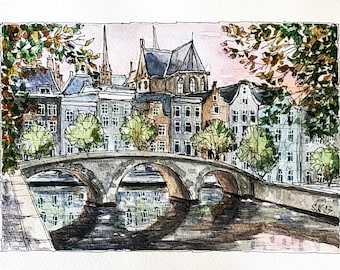 Amsterdam Watercolor Painting, Cityscape Art, Ukrainian Artist (6x8 in)