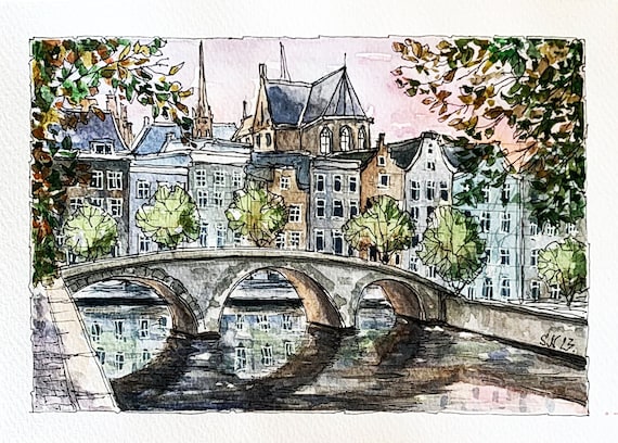 Amsterdam Painting Original Watercolor Wall Art Ukrainian Artist Sketch Handmade Ukraine Art 8 by 6 inches