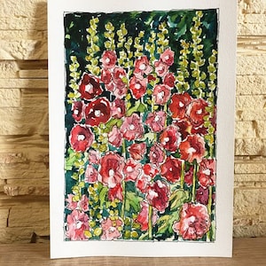 Fleurs mauves aquarelle originale roses trémières Art mural artiste ukrainien 6 par 8 pouces Art ukrainien fleurs faites à la main décoration murale