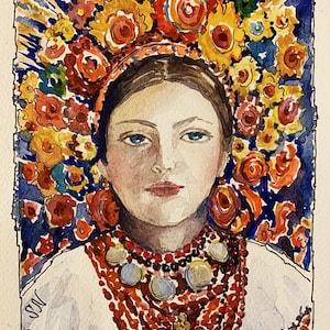 Ukrainian Girl in National Costume Original Watercolor Painting Ukrainian Seller Ukrainian Girl Watercolor Ukrainian Art Handmade 6 x 8
