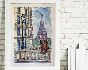 Paris Eiffel Tower Watercolor Original Art Paris Street Watercolor Cats of Paris Art Painting France  Ukrainian Artist 6 by 8