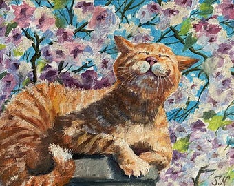 Cat in the Sun Original Oil Painting Ukrainian Art Pet Portrait Handmade 9.5 x 7