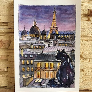Night Paris Eiffel Tower Watercolor Original Art Paris Street France Wall Art Paris Cats Handmade Ukrainian Artist 6 by 8 inches