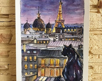 May include: A watercolor painting of a black cat sitting on a rooftop in Paris, looking out at the Eiffel Tower and other buildings. The sky is a soft purple and the buildings are lit up with warm yellow lights. The painting is signed "SV 24".