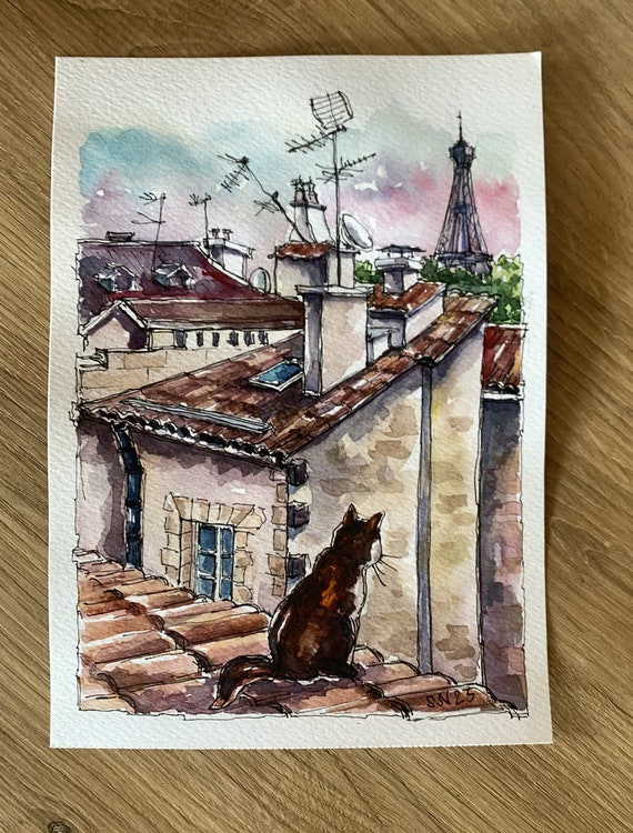 Original Paris Watercolor: Eiffel Tower & Rooftop Cat, French Wall Art (6x8 inches)