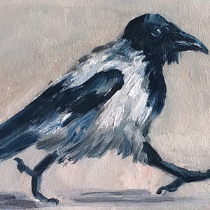 Pintura de pájaro cuervo ORIGINAL Arte de cuervo Pintura al óleo pintada a mano Arte ucraniano Pájaro Dekor Dibujo Asequible Ucrania Vendedor Arte de pared 6x4"