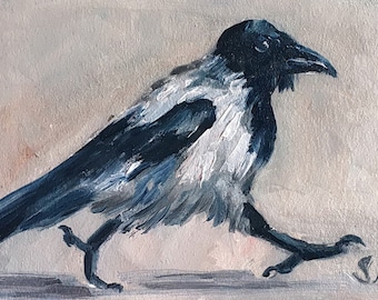 Raven Bird Painting ORIGINAL Crow Art Hand Painted Oil Painting Ukraine Art Bird Dekor  Drawing Afford Ukraine Seller Wall art 6x4"