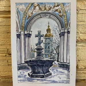 Ukraine Kyiv St. Michael Kathedrale Original Aquarell Urban Art Ukrainische Wand Kunst Kyiv Straßen Original Ukraine Kunst Handgemacht 150 x 200 cm