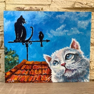 Cat On The Roof Original Painting Ukraine Art Original Oil Art Ukrainian Artist Handmade Ukraine Seller Ukraine Shop 9 x 8 Pray for Ukraine