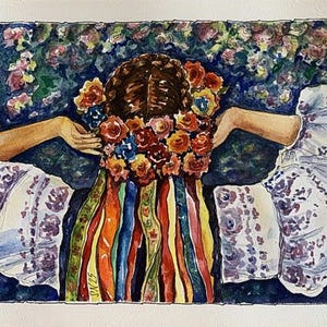Ukrainian Girl In Flowers Original Watercolor Painting Flowers Wall Art Ukrainian Vyshivanka Art 11.5 x 8 inches Gift For Her